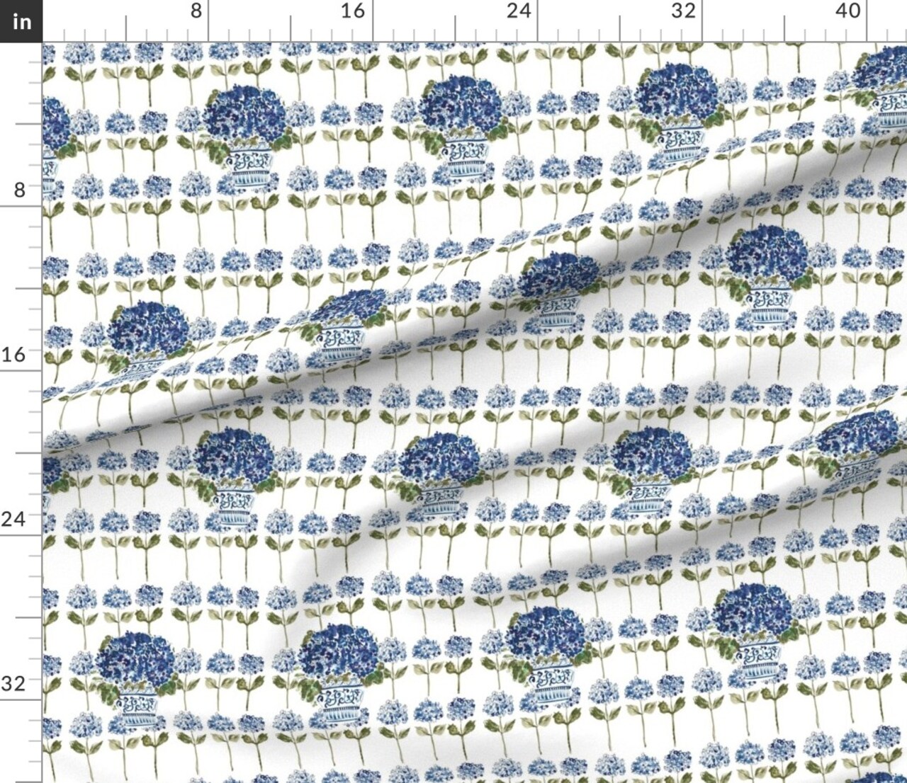 Blue French Country Garden Party Hydrangea Floral Chinoiserie Botanical Ginger Jar Watercolor Custom Printed Fabric by Spoonflower Various Fabrics by the Yard or Fat Quarter